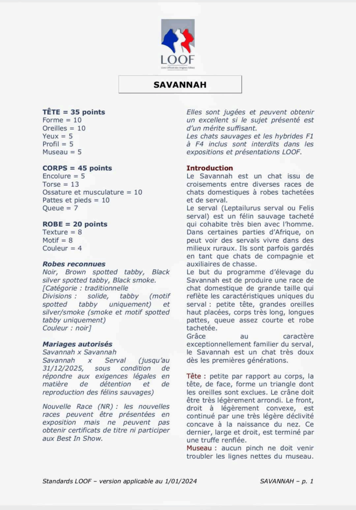 extrait du standard LOOF 2024 du Savannah