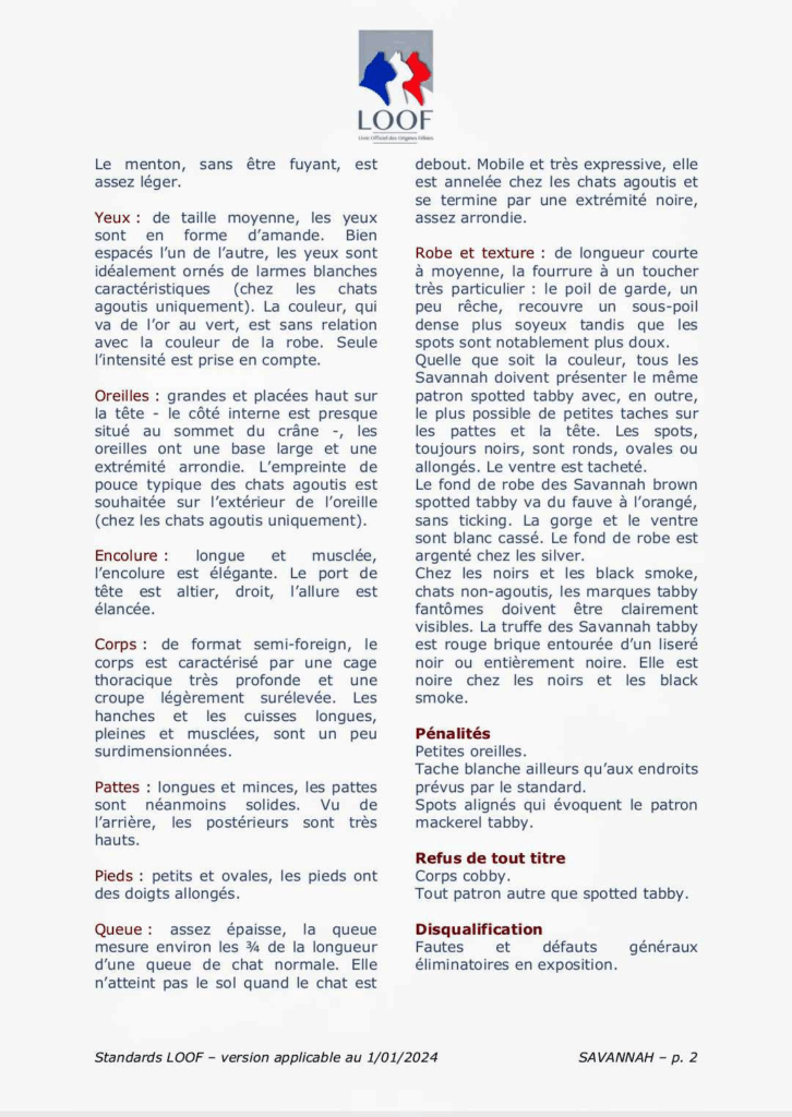 extrait du standard LOOF 2024 du Savannah